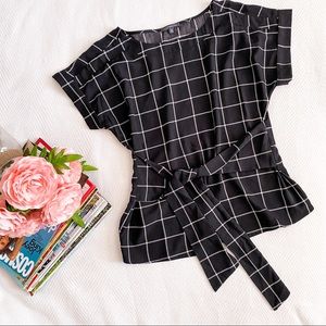 West Kei Black Windowpane Top Plaid Blouse Black and White